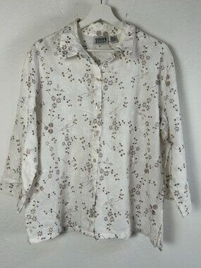 Chico's Design Womens Embroidered Floral Button-Up Linen Shirt Size 3 White Tan